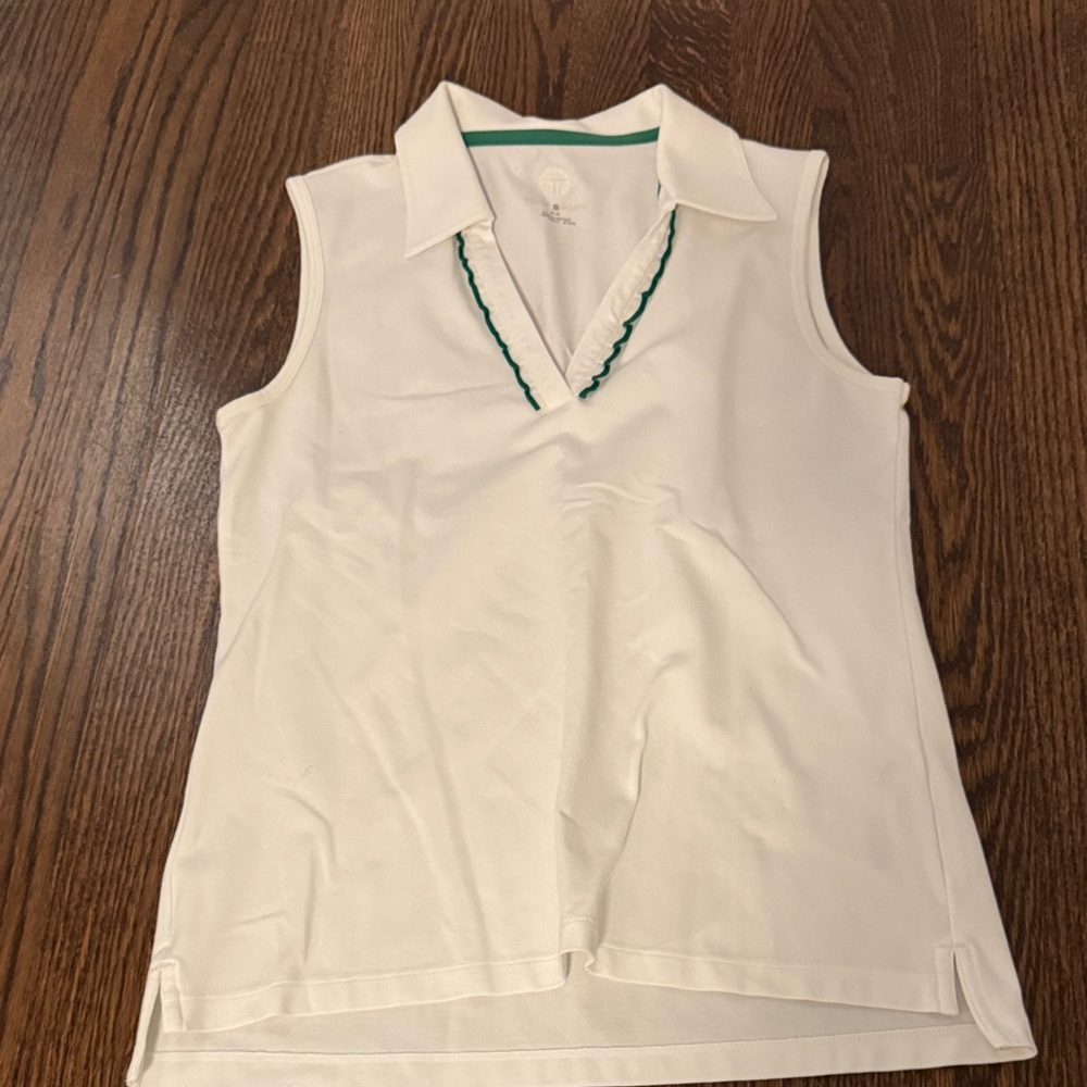 Tory Sport White Sleeveless Polo Tank with Green Trim